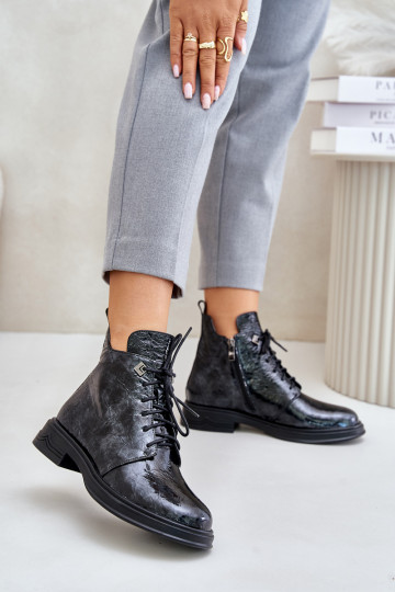 Haut mit Lackeffekt Damenstiefel sich Zuarm laufen Zum Schloss D&A LZ42-042 SchZuarz und-graue Farbe 2