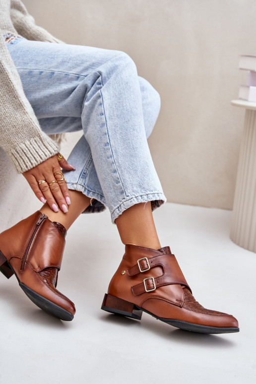 Haut Stiefel Auf niedrigem Absatz mit Schnallen Es mussciejka 06696-02 braune Farbe Haut Stiefel Auf niedrigem Absatz mit Schnallen Es mussciejka 06696-02 braune Farbe