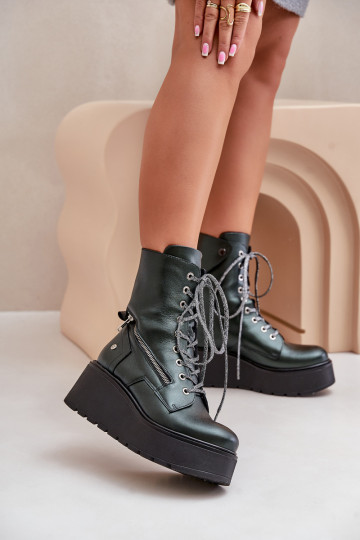 Leder-Arbeitsstiefel mit Plattform in Grün 2