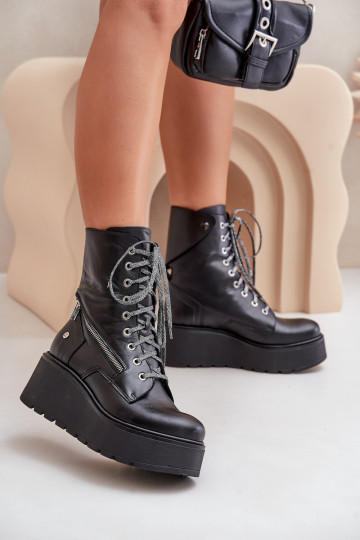 Leder-Arbeitsstiefel mit Plattform in Schwarz 2