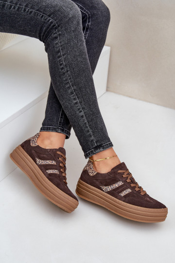 Ziegenleder-Sneaker im sportlichen Stil mit Plattform und Leopardenmuster, in Schokolade