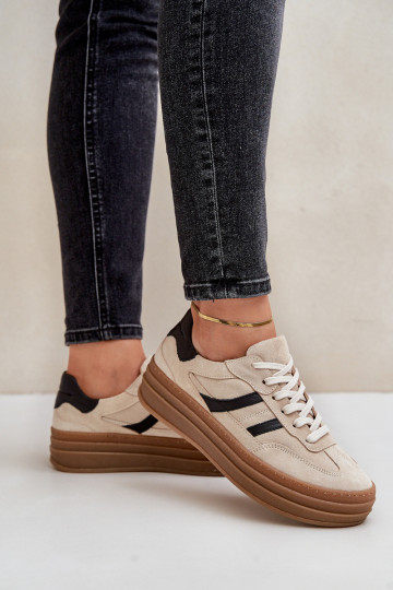 Ziegenleder-Sneaker im sportlichen Stil mit Plattform, in Sand