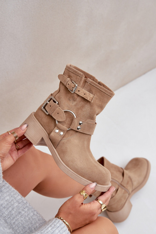 INildlederschuhe Feminin Auf niedrigem Absatz Klocku mit Streifen Zazoo 3644 Beige INildlederschuhe Feminin Auf niedrigem Absatz Klocku mit Streifen Zazoo 3644 Beige