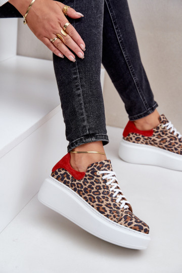 Haut Sneakers Stilvollllschuhe mit einer Plattform mit Leopardenfellmuster Zazoo 3346 braun-rote Farbe