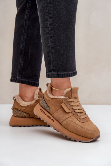 aus INildleder Sneakers Stilvollllschuhe Feminin mit Pelzmantel I Błyszczącym Element Big Star OO274578 Hi-Poly System braune Fa