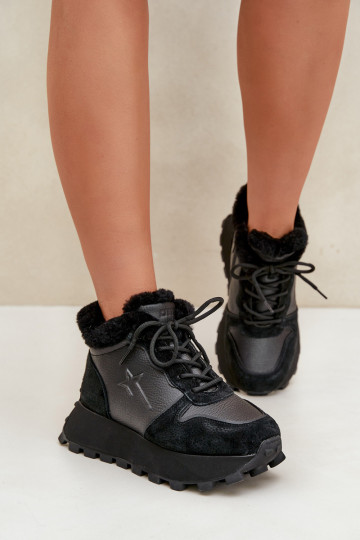 Leder Damen Sportschuhe mit Fell und Plateau Big Star OO274A329 in schwarz 2