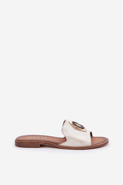 Lederhausschuhe mit Ornamenten mit breiten Absätzen LeZuski 3047/O goldene Farbe Przecierany Lederhausschuhe mit Ornamenten mit breiten Absätzen LeZuski 3047/O goldene Farbe Przecierany