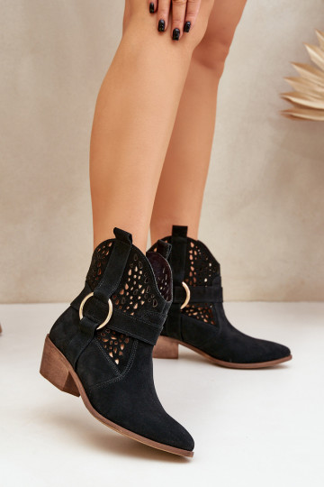 Wildleder Stiefel im Cowboy-Stil mit durchbrochenen Elementen und Absätzen Zazoo 2994 schwarz 2