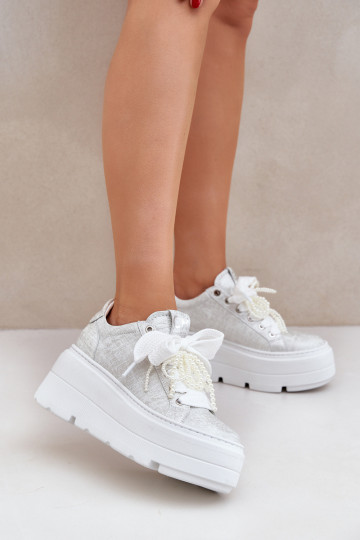 Leder Sport Sneakers mit Plateau CheBello 4658 silberfarben 2