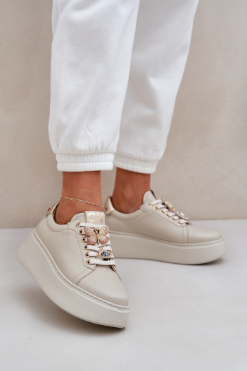 Feminin Haut Sneakers Stilvollllschuhe mit einer Plattform mit schönen Details CheBello 4292 elfenbeinfarbe