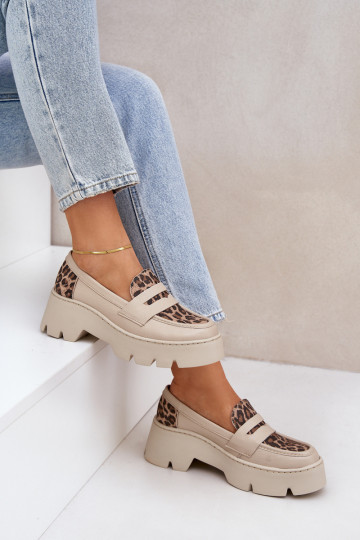 Leder Damen Mokassins mit Plateau und Leopardenmuster Zazoo 20191 elfenbeinfarben