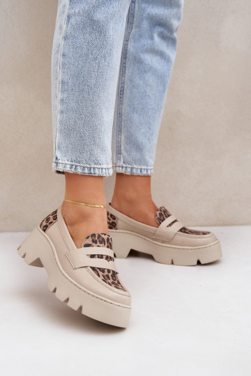 Leder Damen Mokassins mit Plateau und Leopardenmuster Zazoo 20191 elfenbeinfarben 2