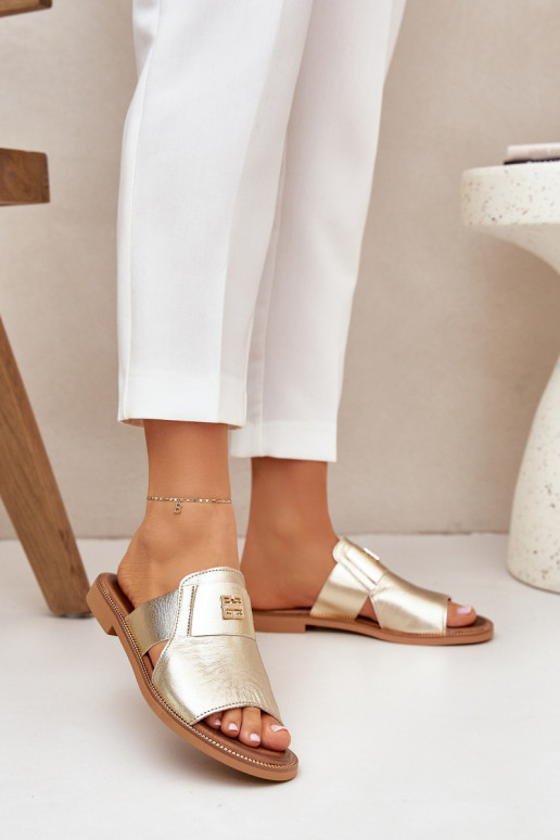 Eleganter Stil Hausschuhe Aus Ermöglichtturleder mit breiten Absätzen Zazoo 40423 goldene Farbe Eleganter Stil Hausschuhe Aus Ermöglichtturleder mit breiten Absätzen Zazoo 40423 goldene Farbe