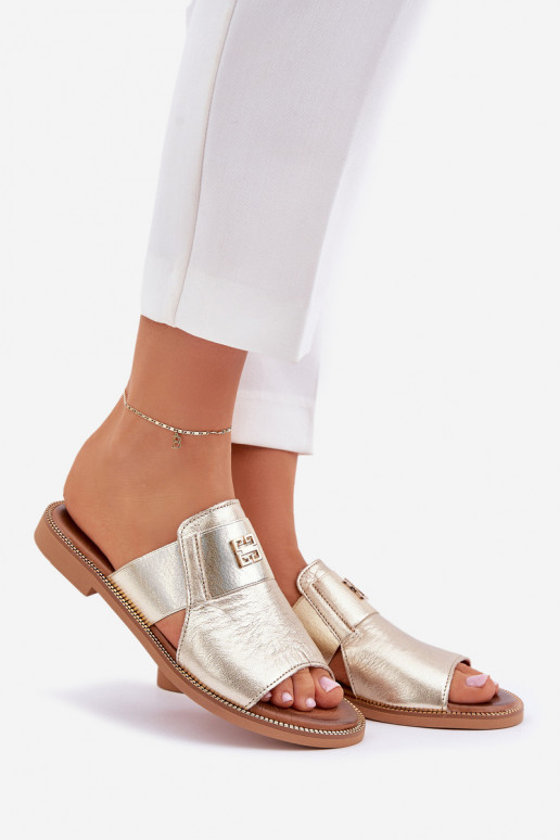 Eleganter Stil Hausschuhe Aus Ermöglichtturleder mit breiten Absätzen Zazoo 40423 goldene Farbe Eleganter Stil Hausschuhe Aus Ermöglichtturleder mit breiten Absätzen Zazoo 40423 goldene Farbe