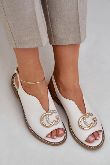 Laura Messi 2865 Damen-Sandalen mit breiten Absätzen und Ornamenten in Elfenbein