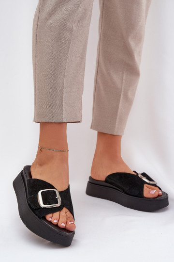 Zazoo 3019 Damen-Slipper aus Wildleder mit Schnallen und Plattform in Schwarz
