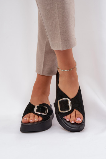 INildleder-Hausschuhe für Damen mit Schnallen mit einer Plattform Zazoo 3019 schZuarze Farbe 2