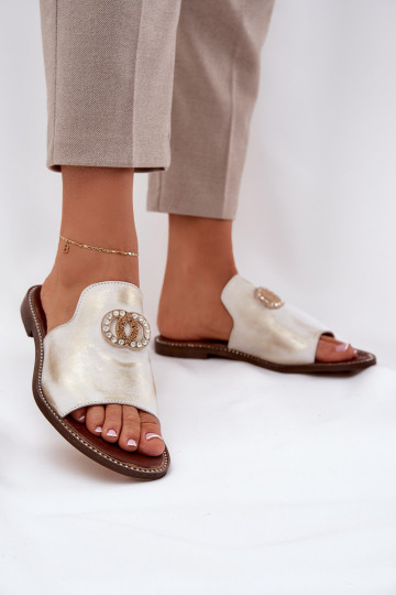 Eleganter Stil Lederhausschuhe Feminin mit Ornamenten Zazoo 3008 goldene Farbe Przecierany 2