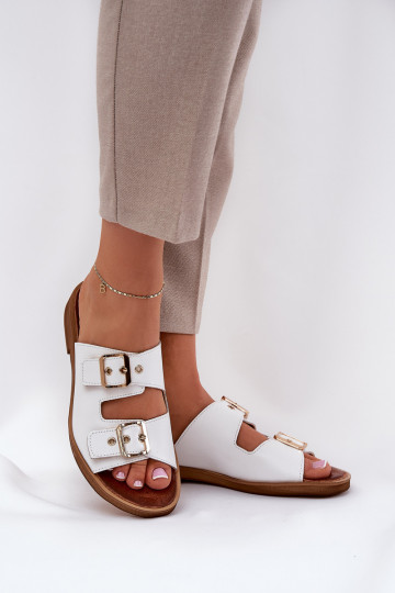Zazoo 3020 flache Leder-Slipper mit Schnallen in Weiß