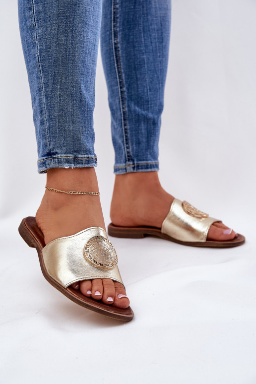 Zazoo 2938 Lederhausschuhe mit breiten Absätzen mit Ornamenten goldene Farbe Zazoo 2938 Lederhausschuhe mit breiten Absätzen mit Ornamenten goldene Farbe