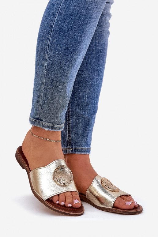 Zazoo 2938 Lederhausschuhe mit breiten Absätzen mit Ornamenten goldene Farbe Zazoo 2938 Lederhausschuhe mit breiten Absätzen mit Ornamenten goldene Farbe