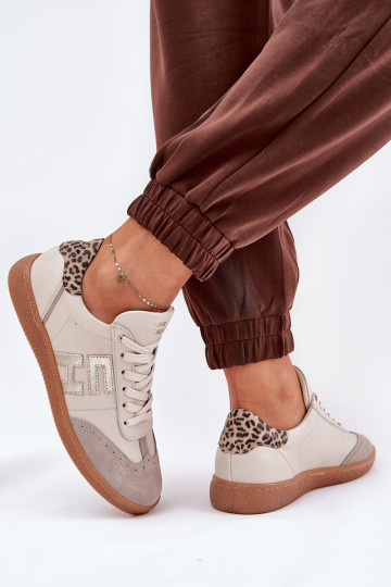 Haut Turnschuhe Sneakers Stilvollllschuhe Feminin mit Leopardenfellmuster CheBello 4640 Beige