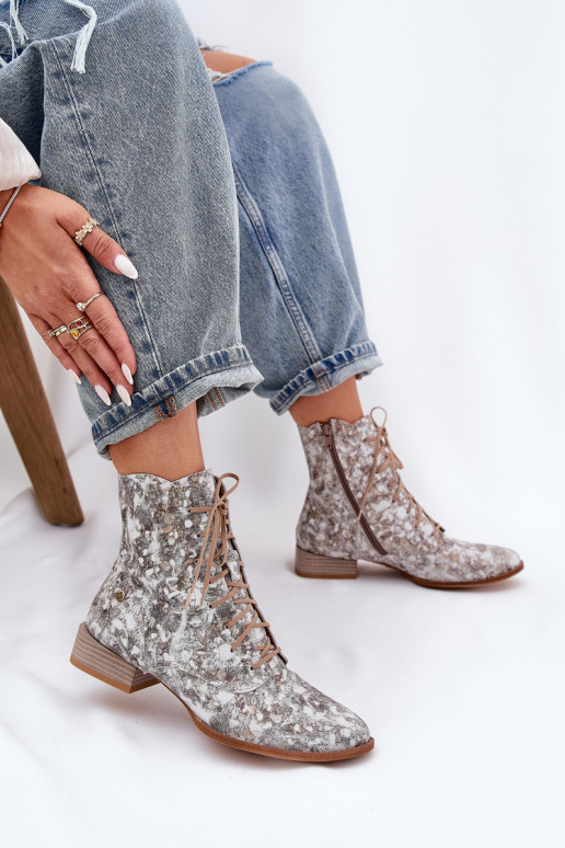 Haut Gemustert Stiefel mit breiten Absätzen Es mussciejka 06391-25 Beige