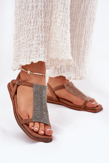 gleichschenklig Eleganter Stil Damensandalen mit leuchtenden Augen Artiker 56C1365 braune Farbe