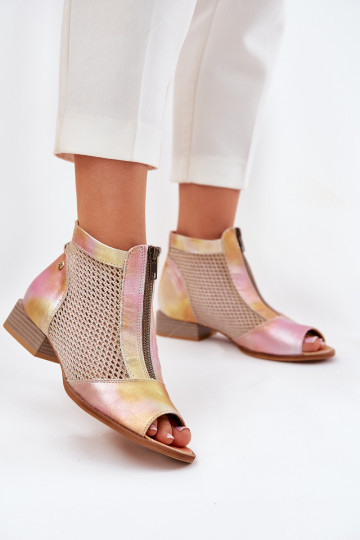 Leder-Damen-Stiefeletten mit breiten Absätzen und offenen Zehen Tai turiciejka 06413-15 rosa-orange