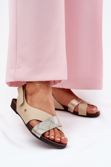 Damensandalen mit Klebeverschlüssen Zazoo 40141 Beige-goldene Farbe