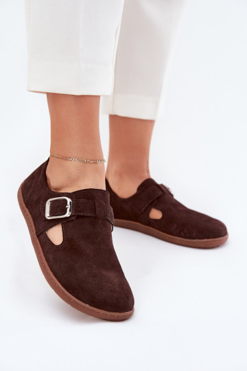 Schokoladenfarbene Wildlederschuhe für Frauen Barefoot mit Schnallen Łaty Zazoo N1261