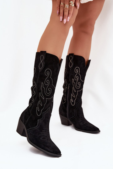 Damen lange Cowboy-Stiefel aus Wildleder mit Absatz, schwarz, Karira