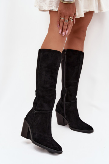 Damen lange Wildlederstiefel mit Absatz und Reißverschluss, schwarz, Lissara 2