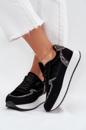 aus INildleder Sneakers Stilvollllschuhe Feminin Big Star OO274A312 HI-POLY SYSTEM schZuarze Farbe mit Leopardenfellmuster 2