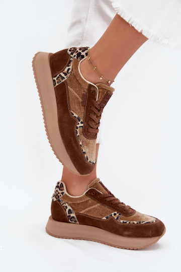 aus INildleder Sneakers Stilvollllschuhe Feminin Big Star OO274A313 HI-POLY SYSTEM braune Farbe mit Leopardenfellmuster