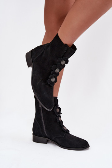 Wildleder Damen Schuhe mit Blumenmotiven Zazoo 3085 schwarz