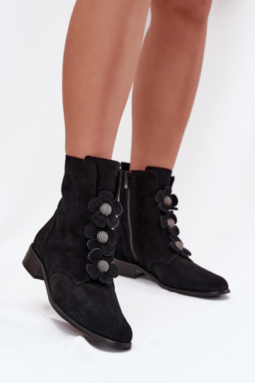 Wildleder Damen Schuhe mit Blumenmotiven Zazoo 3085 schwarz 2