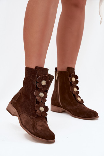 Zazoo 3085 braune Wildlederschuhe für Damen mit dekorativen Blumenmotiven
