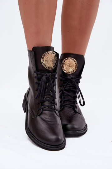 Zazoo 3084 schwarze Leder-Stiefeletten für Damen mit breiten Absätzen und goldfarbenen Details