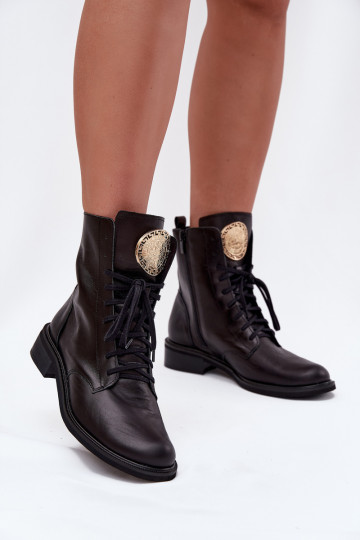 Zazoo 3084 schwarze Leder-Stiefeletten für Damen mit breiten Absätzen und goldfarbenen Details 2