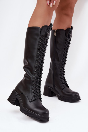 Vinceza 66804 schwarze warme lange Lederstiefel für Damen mit Schnürsenkeln und Absatz