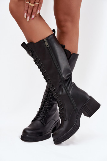 Vinceza 66804 schwarze warme lange Lederstiefel für Damen mit Schnürsenkeln und Absatz 2