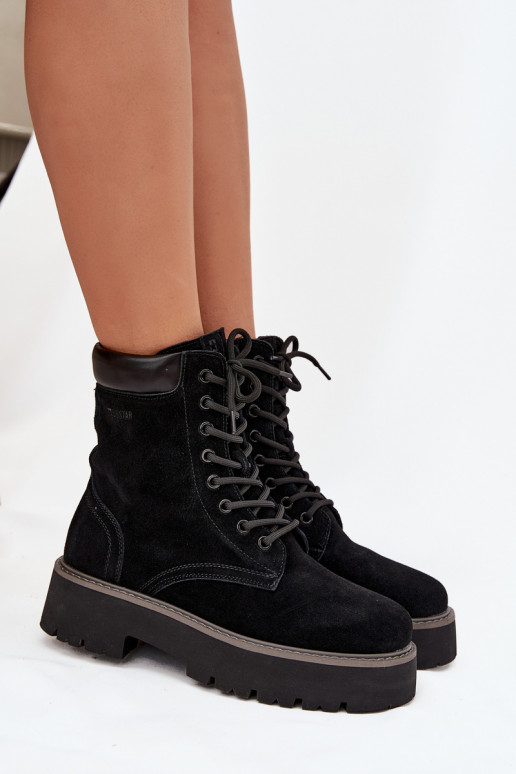 INildlederschuhe hohe Reitstiefel Feminin mit Schnürsenkeln Big Star SS274791 schZuarze Farbe