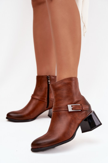 Lederstiefeletten für Damen mit Absätzen und Schnallen, Zazoo 60562, braun 2