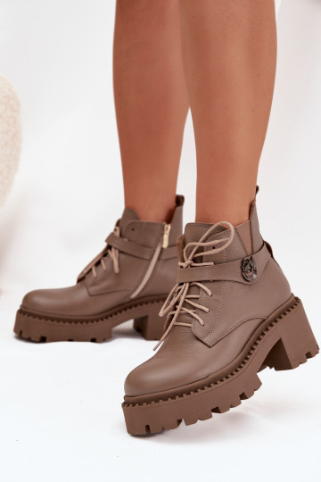 Lederstiefeletten für Damen mit dekorierten Absätzen, gefüttert, Zazoo 60557, sandfarben