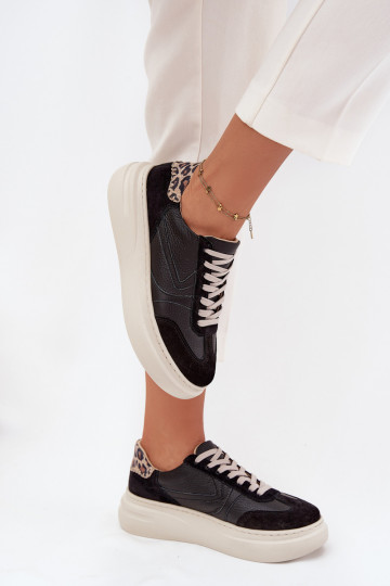 Haut Sneakers Stilvollllschuhe Feminin mit einer Plattform mit Leopardenfellmuster Zazoo N1263 schZuarze Farbe