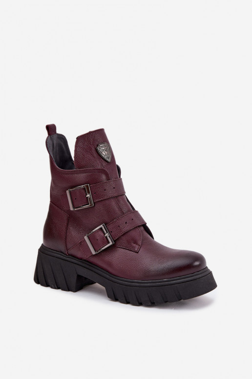 Zazoo 60482 bordeauxfarbene warme Leder-Stiefeletten für Damen mit Schnallen und dekorativen Details