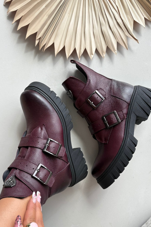 Zazoo 60482 bordeauxfarbene warme Leder-Stiefeletten für Damen mit Schnallen und dekorativen Details