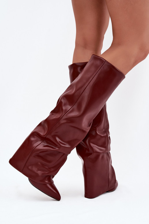 Wärmende Damenstiefel mit eingearbeitetem Schaft und Absatz, burgunderfarbene Farbe, Elivira Wärmende Damenstiefel mit eingearbeitetem Schaft und Absatz, burgunderfarbene Farbe, Elivira