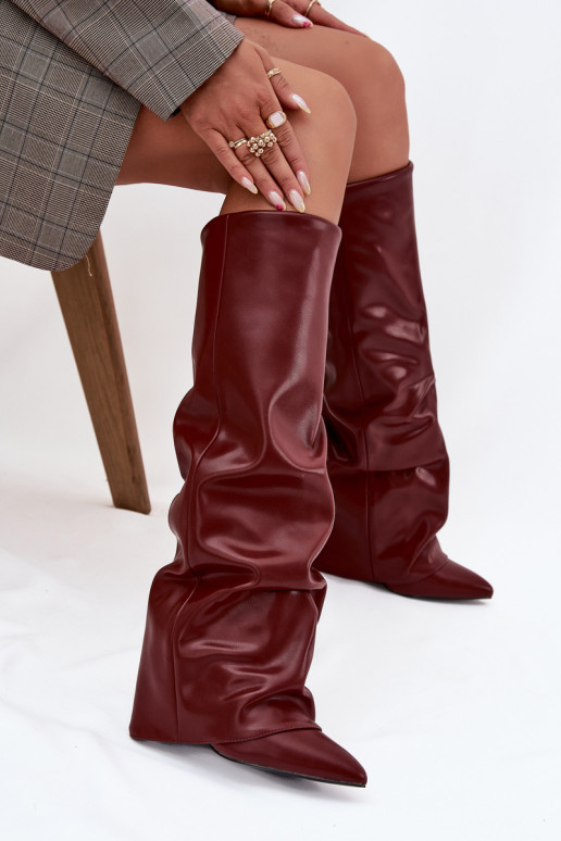 Wärmende Damenstiefel mit eingearbeitetem Schaft und Absatz, burgunderfarbene Farbe, Elivira Wärmende Damenstiefel mit eingearbeitetem Schaft und Absatz, burgunderfarbene Farbe, Elivira